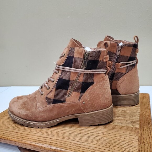Very G Donny Booties Women Size 9.5 Brown Tan Plaid Suede Zip and Lace Up - Picture 3 of 8